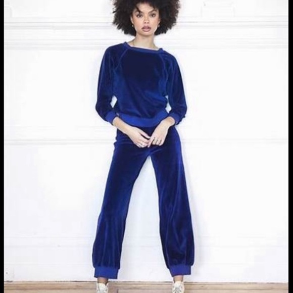 Suzie Kondi classic blue high waist Harem pants in velour - Picture 3 of 16
